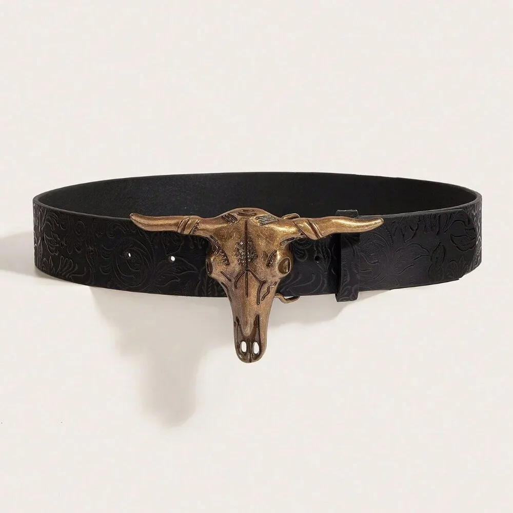 Western Cowgirl Style Black Belt with Antique Gold Buckle